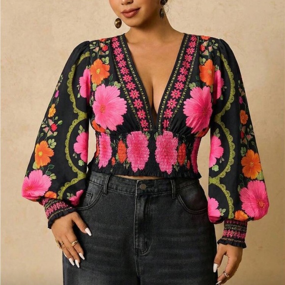 Plus Size Romantic Bohemian Floral Print Long Sleeve Tie Front Blouse Shirt - Picture 14 of 14